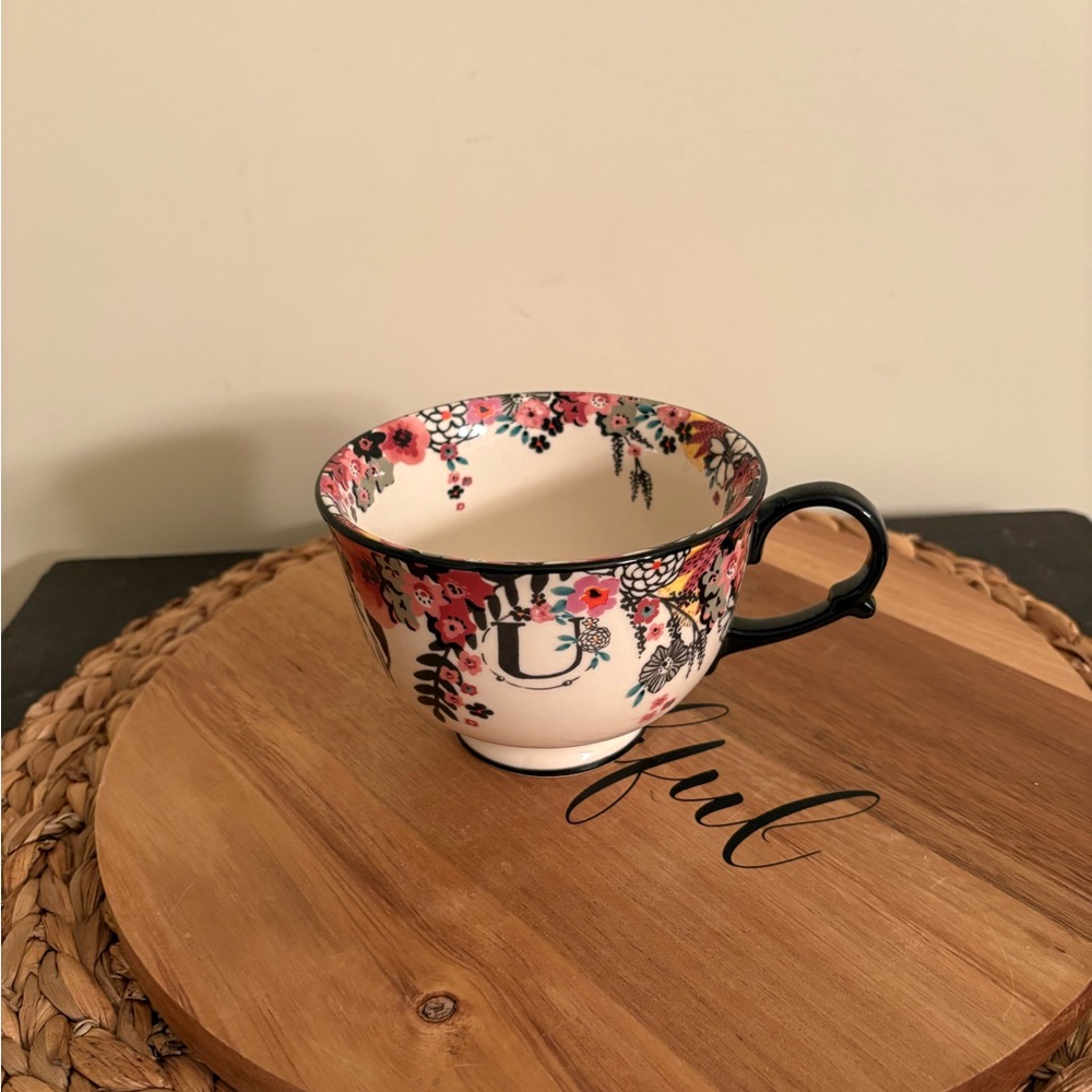 Anthropologie Floral Rimmed Teacup in White, Pink, Black